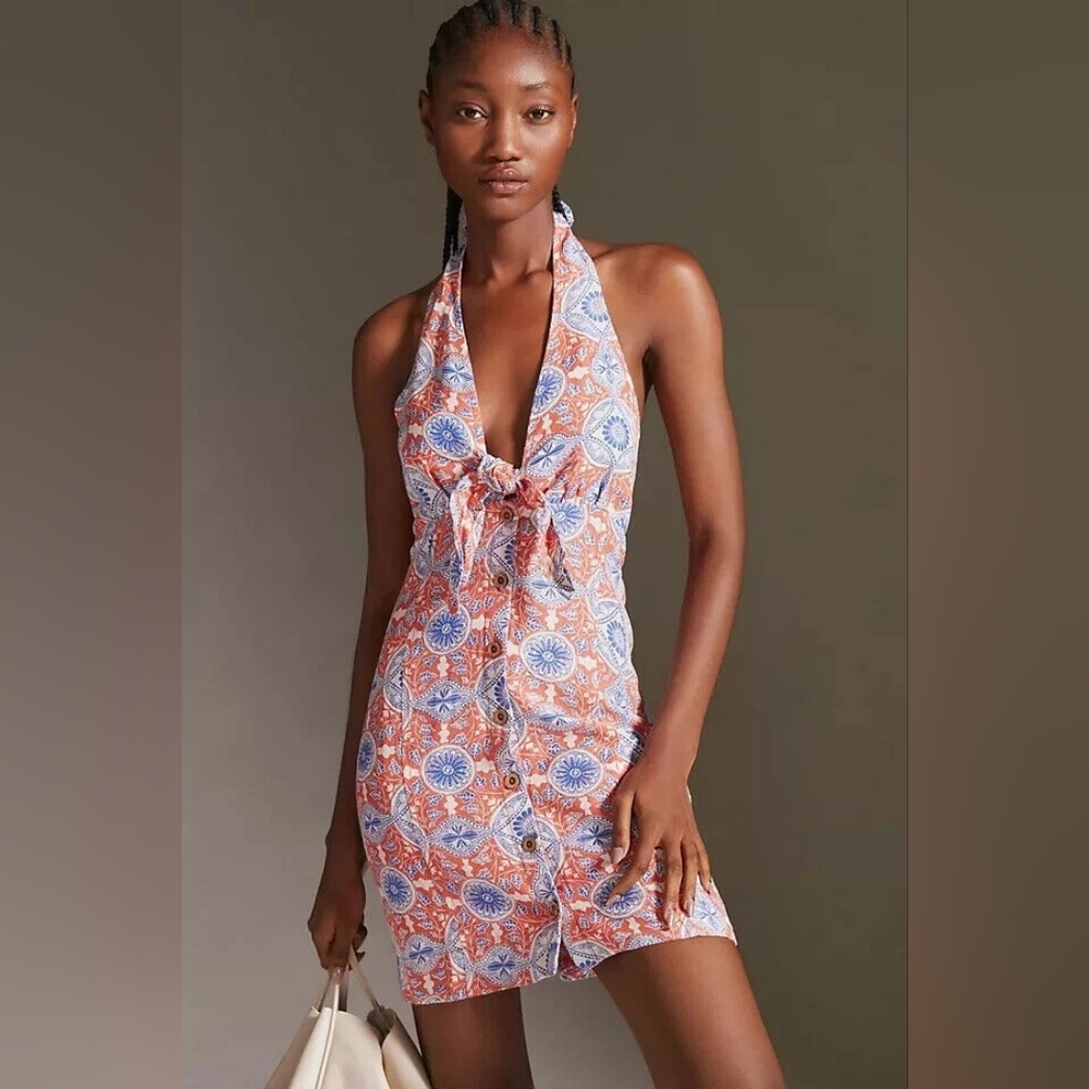 Maeve by Anthropologie Blue and Coral Slim Mini Halter Dress - Size XXS